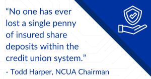 NCUA Chairman Todd Harper said No one has ever lost a single penny of insured share deposits within the credit union system.