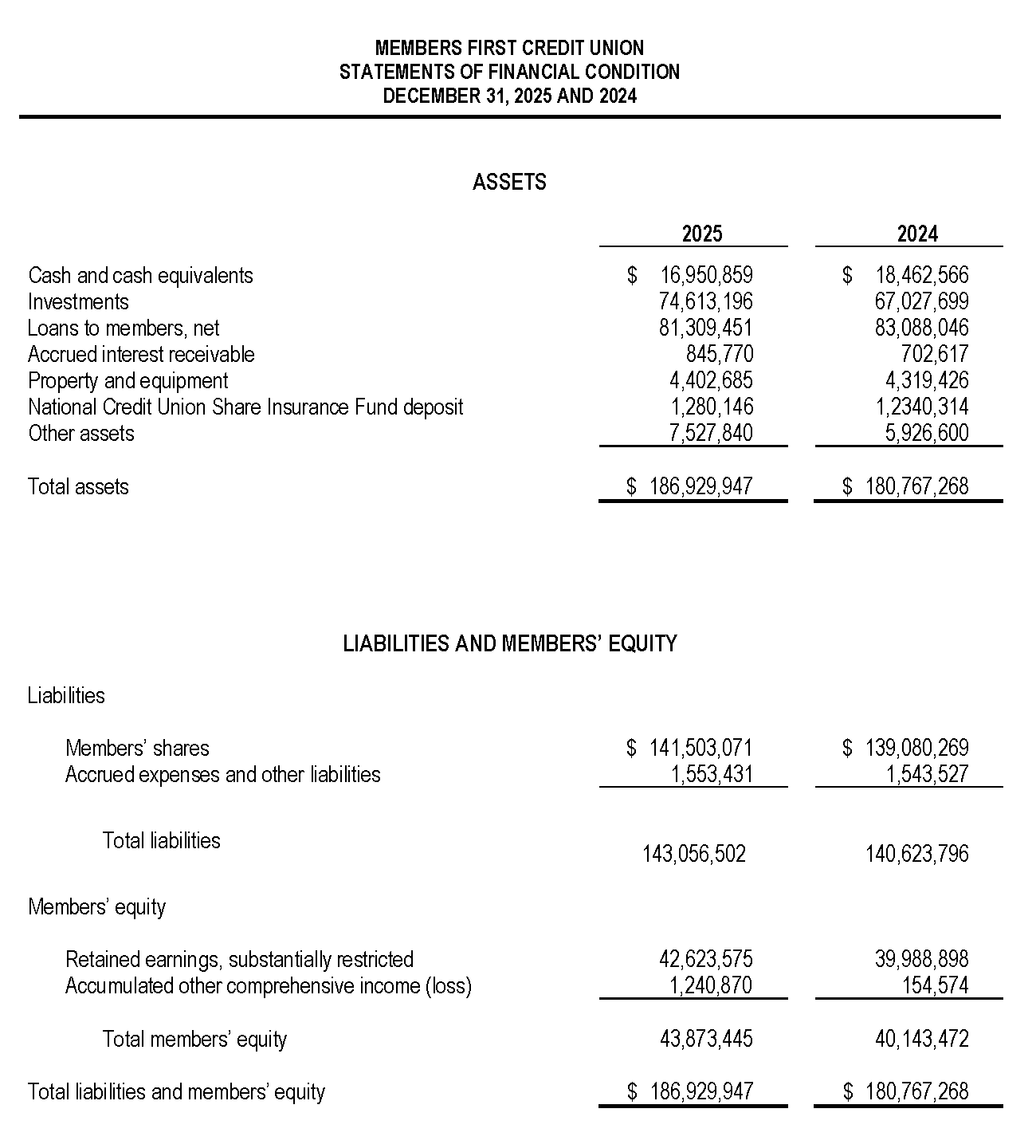 2025 Statements of Financial Condition for the 2025 Annual Report